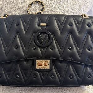 Valentino by Mario Valentino Black Quilted Shoulder Bag with Gold Hardware